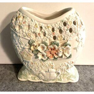 Cream Colored Vase with Porcelain Flowers 6 x 6  #1907